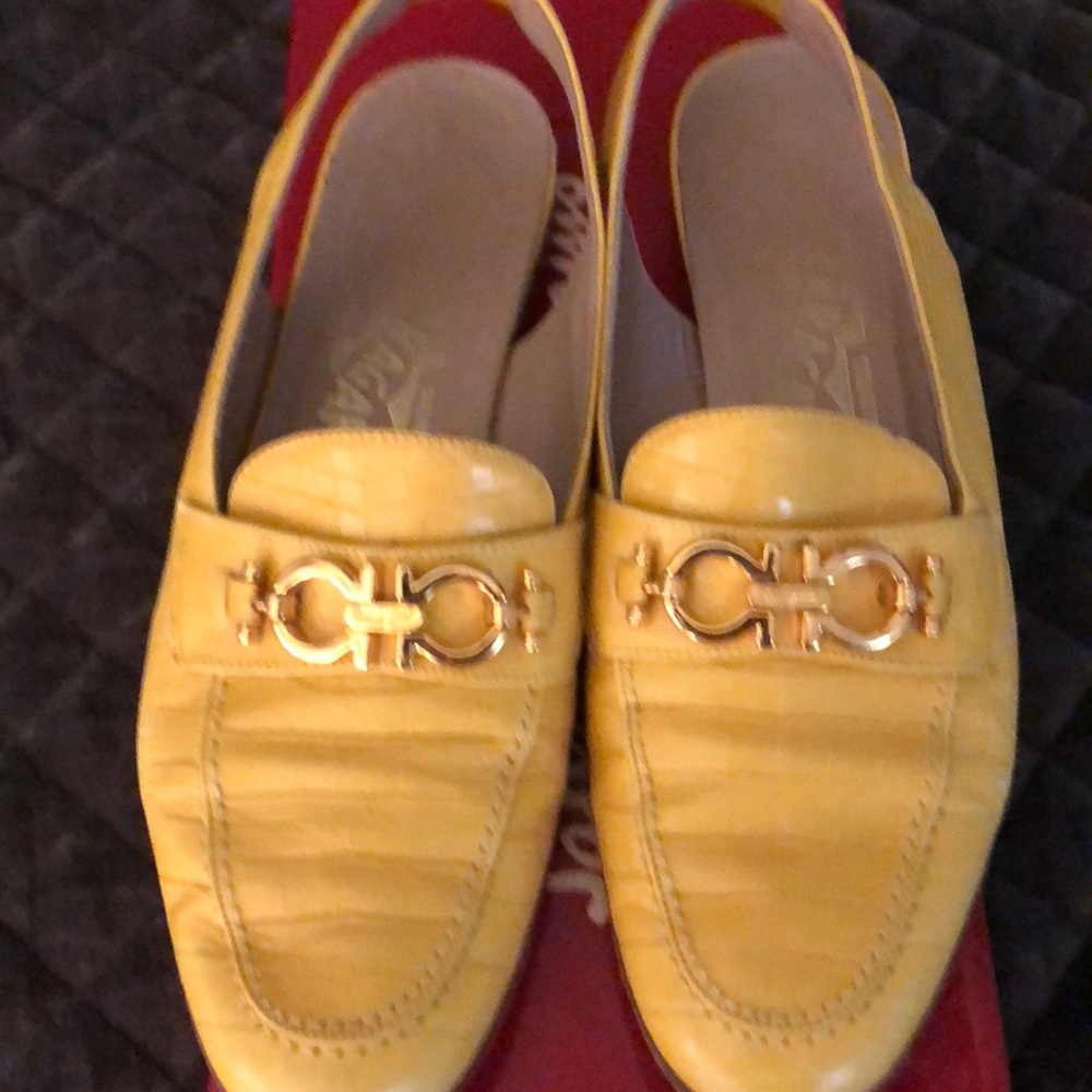 Ferragamo yellow crocodile embossed sling backs
